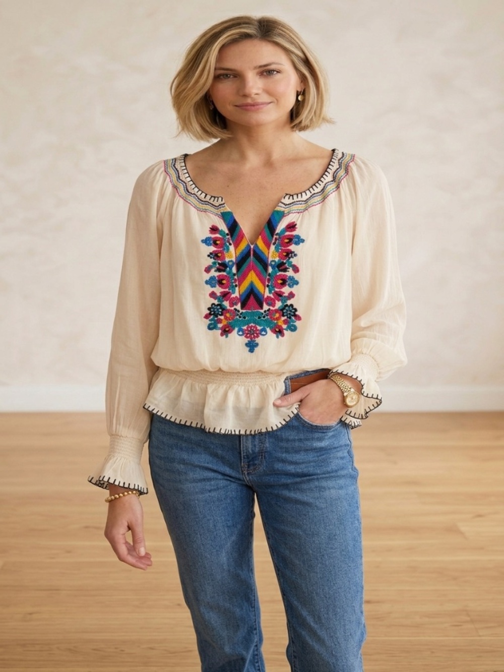 Plenty by Tracy Reese Marlow Embroidered Smocked Peasant Blouse Cream S